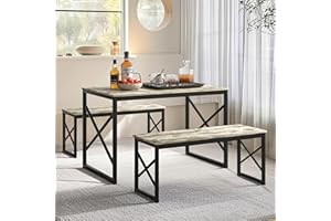 VECELO Kitchen Dining Table Benches Set for 4, 43.3" Wooden Dinette with 2 Benches, Heavy-Duty Dining Room Table for Small Space, Breakfast Nook, Grey