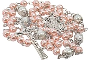 Nazareth Store Pearl Beads Rosary White Our Father Beaded Necklace Lourdes Medal & Cross Crucifix Spiritual Devotion
