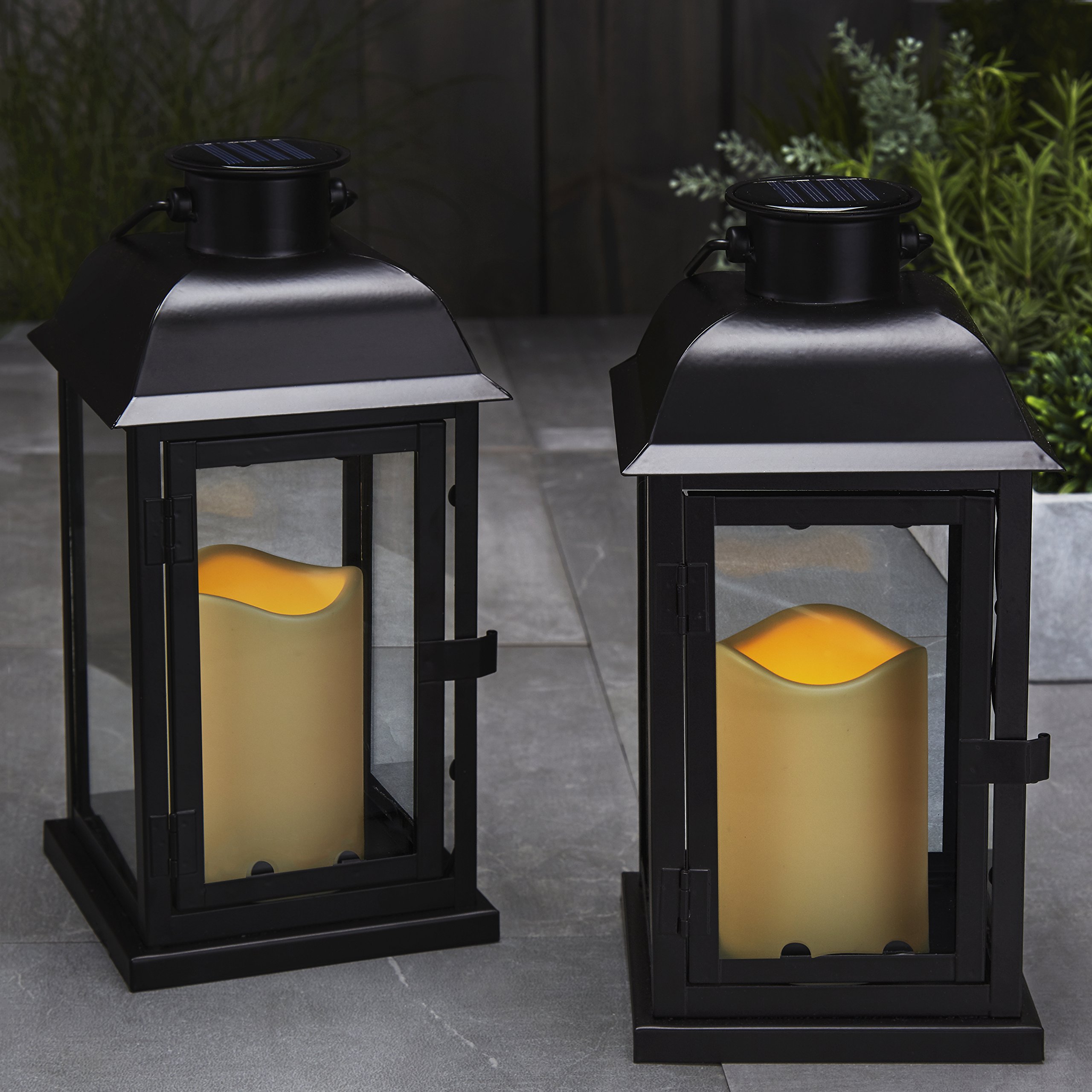 Outdoor Black Solar Candle Lanterns, 11" Height, Warm White LEDs, Dusk