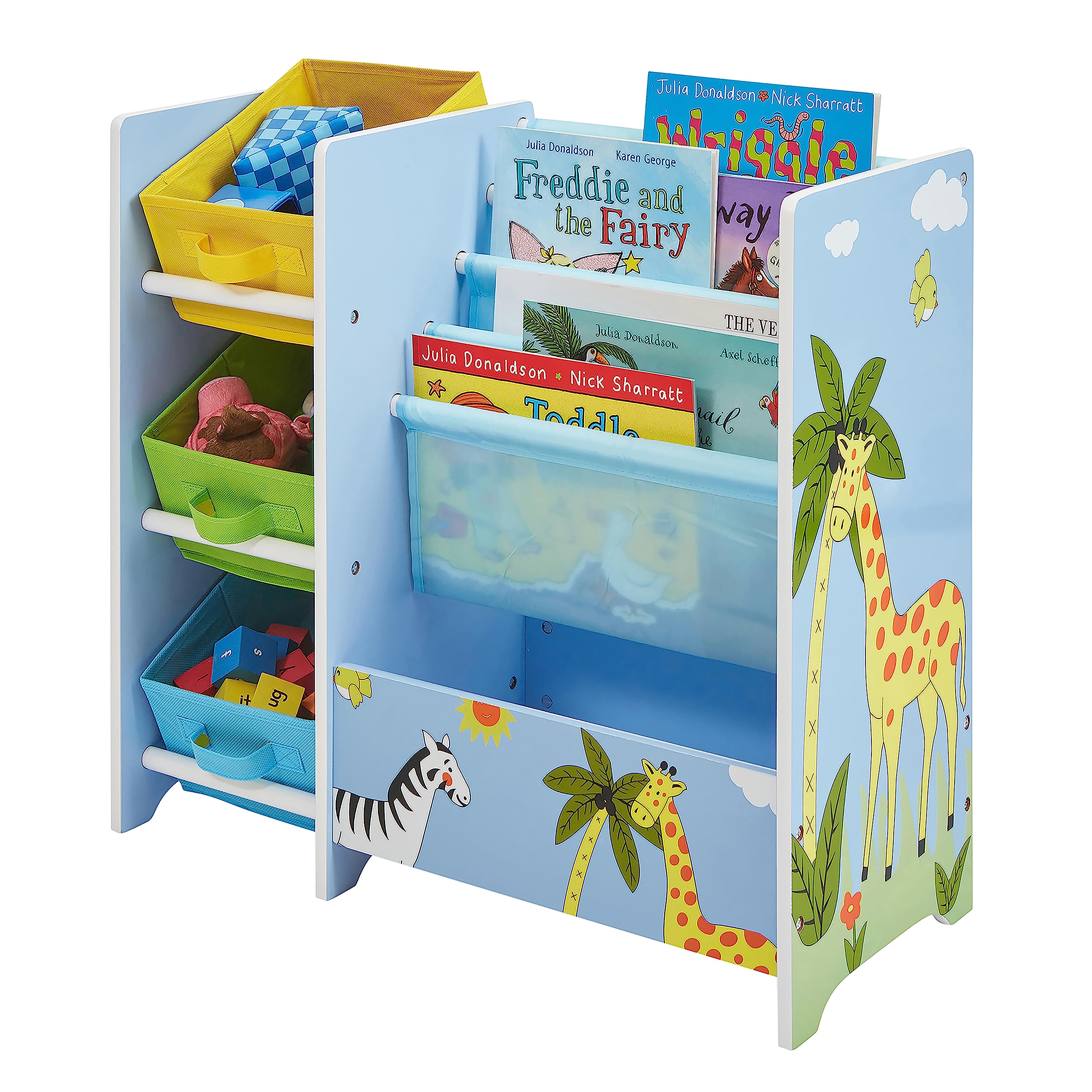 Liberty House Toys TF5007 Safari Book Display with Storage Fabric Bins, Blue, Yellow, Green for 2 Years +