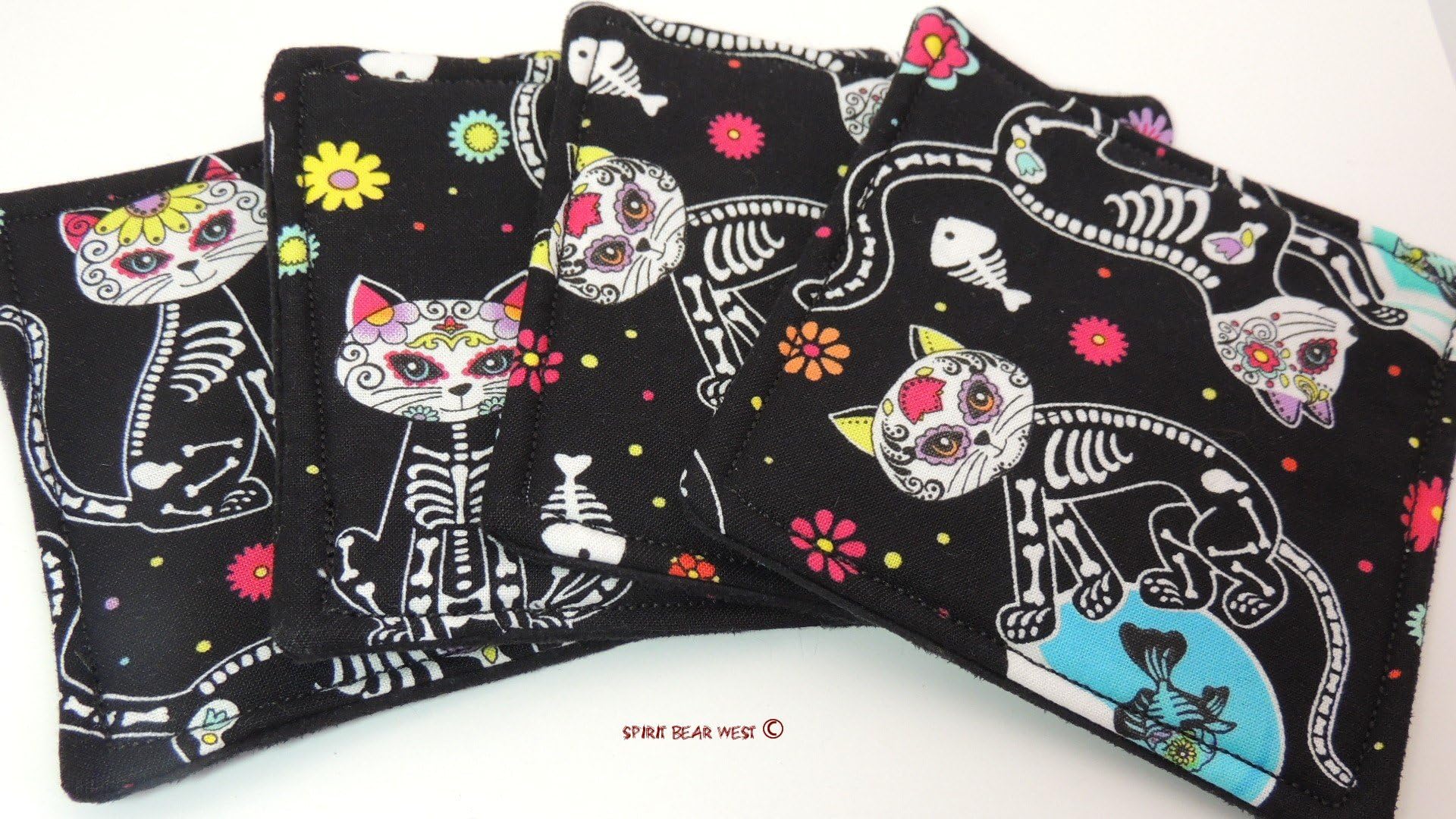 Sugar Skull Skeleton Cats handmade Drink Coasters set of 4 R-S-4 Kitties, cats, Day of the Dead, Dia De Muertos, Cinco de Mayo