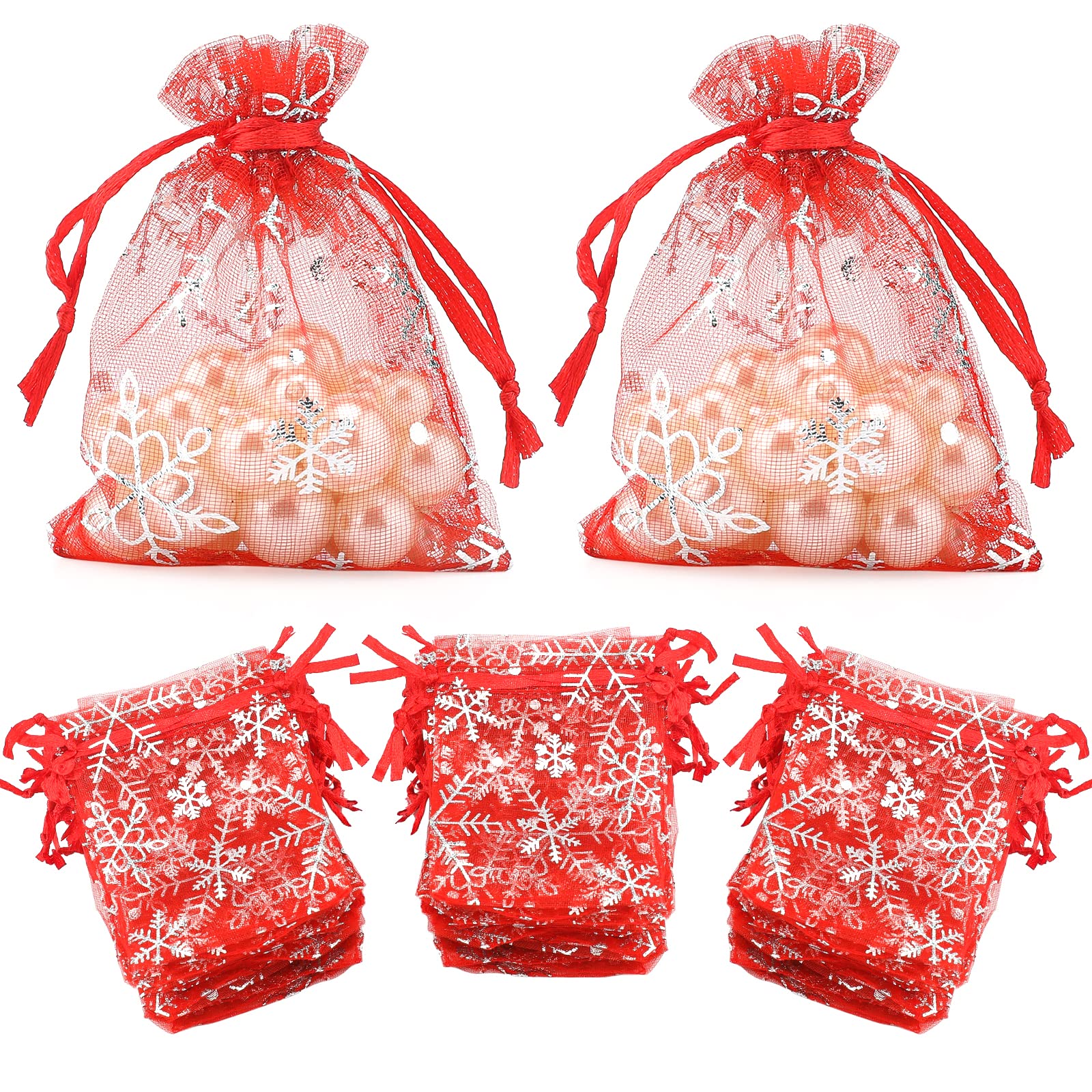 jijAcraft 100PCS Christmas Organza Bags: 7x9CM Red Snowflake Organza Gift Pouches, Small Christmas Drawstring Favour Bags for Presents, Candy, Xmas Party Decoration