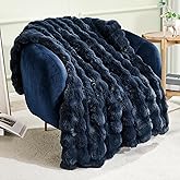 JONIYEAR Soft Fuzzy Bubble Faux Rabbit Fur Throw Blanket for Couch 50" x 60", Reversible Textured Fluffy Warm Thick Blanket for Winter,Luxury Cozy Puffy Shaggy Comfy Furry Blankets for Sofa, Navy Blue