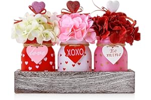 KIVIVO Valentines Day Table Decor, Centerpieces for Tables, Printed Mason Jar Valentine Table Centerpiece for Home, Hydrangea, Wood Tray, Farmhouse Valentines Day Table Decorations Indoor