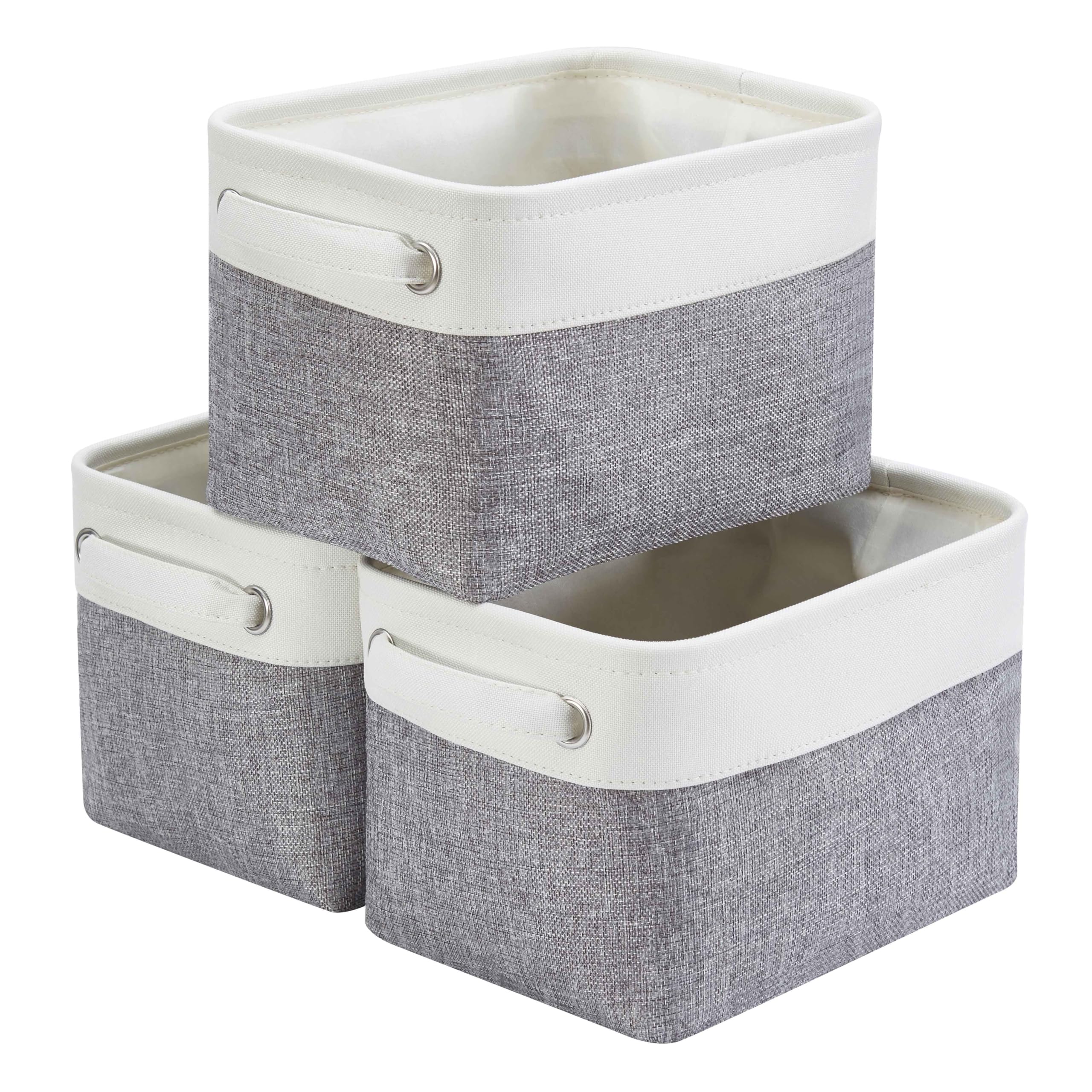 Mangata Small Canvas Storage Box, Fabric Storage Basket with Handles for Cupboards, Shelves, Clothes, Toys (3 Pack, Foldable, Grey White)