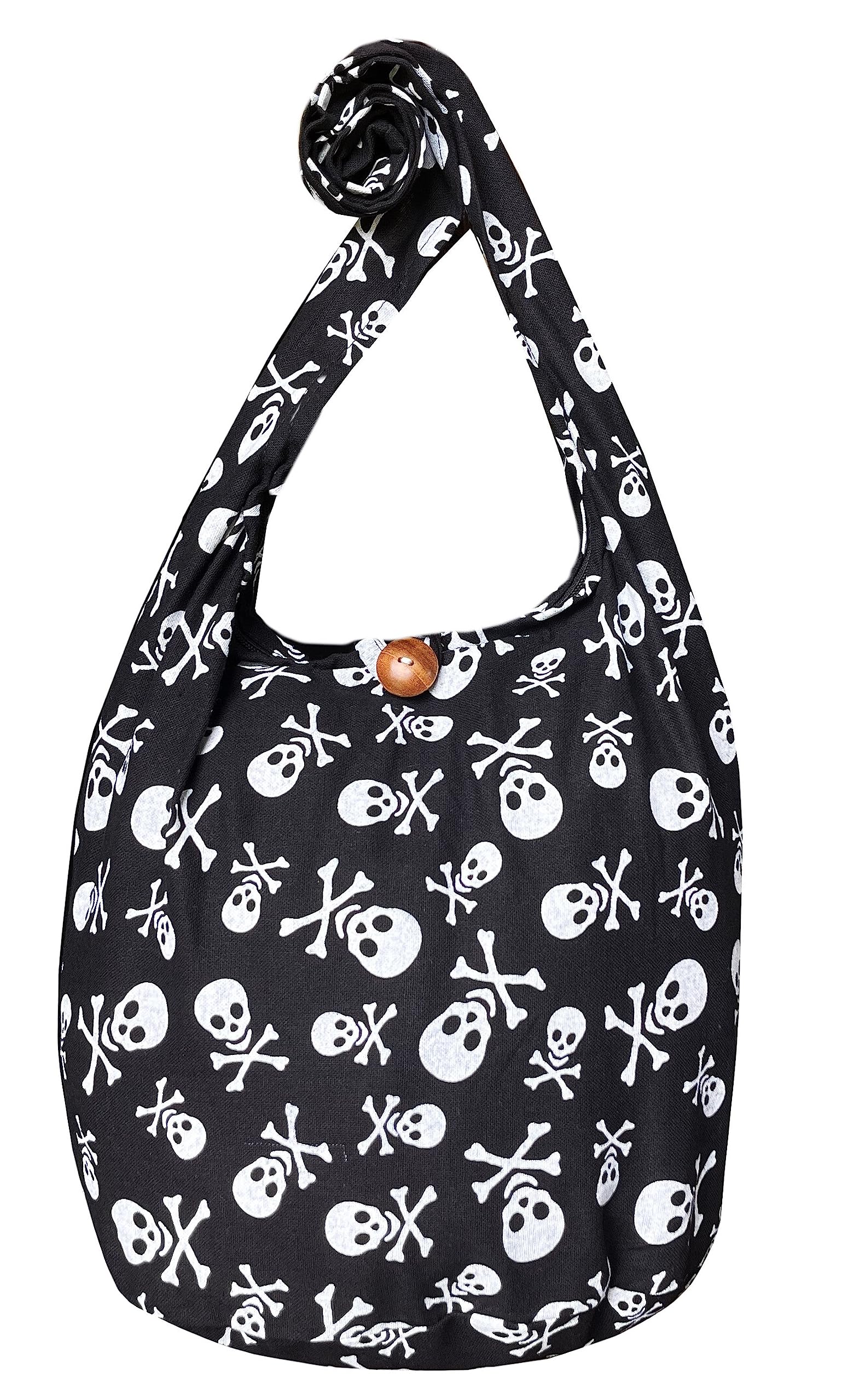 Photo 1 of Skull Boho Crossbody Print Bag - Gothic Shoulder Purse - Hippie Hobo Punk Rock Handbag - Medium 33" Black & White (Black & White)
