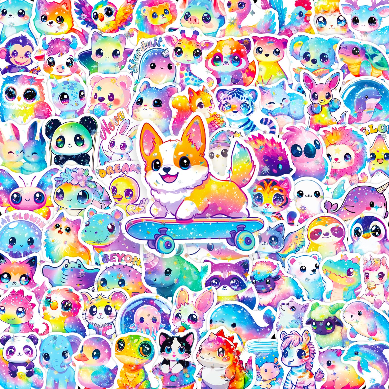 Yqskt 200PCS Rainbow Animal Stickers, Cute Starry Sky Animal Stickers for Kids Teens, Kawaii Holographic Vinyl Stickers for Laptop Water Bottle Phone Classroom Rewards