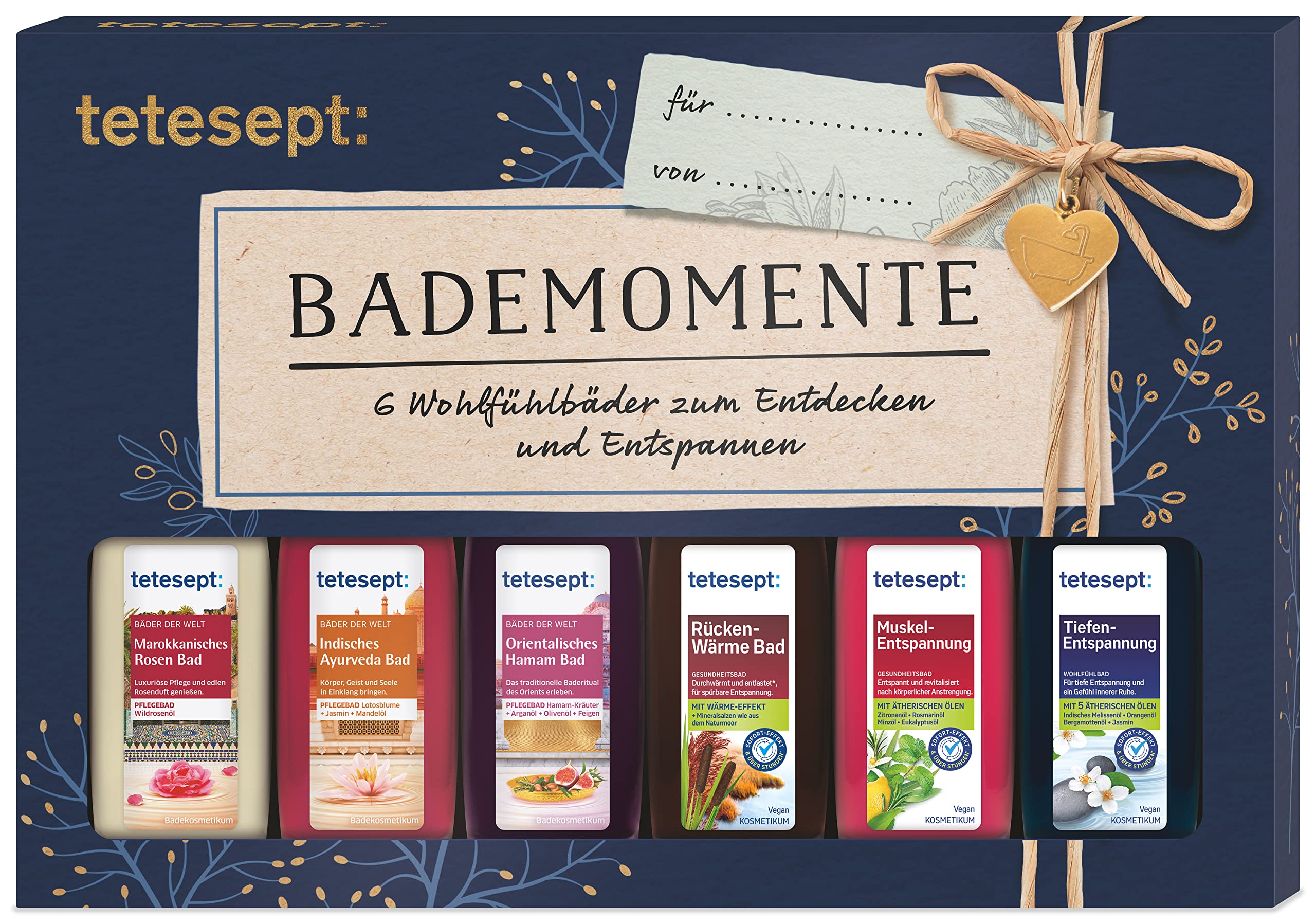tetesept Bathroom Gift Set Bath Moments - Bath Additive Set with Gift Tag - The Ideal Present for Any Occasion - 1 x Feel-Good Bath Bath Set (6 x 20 ml)