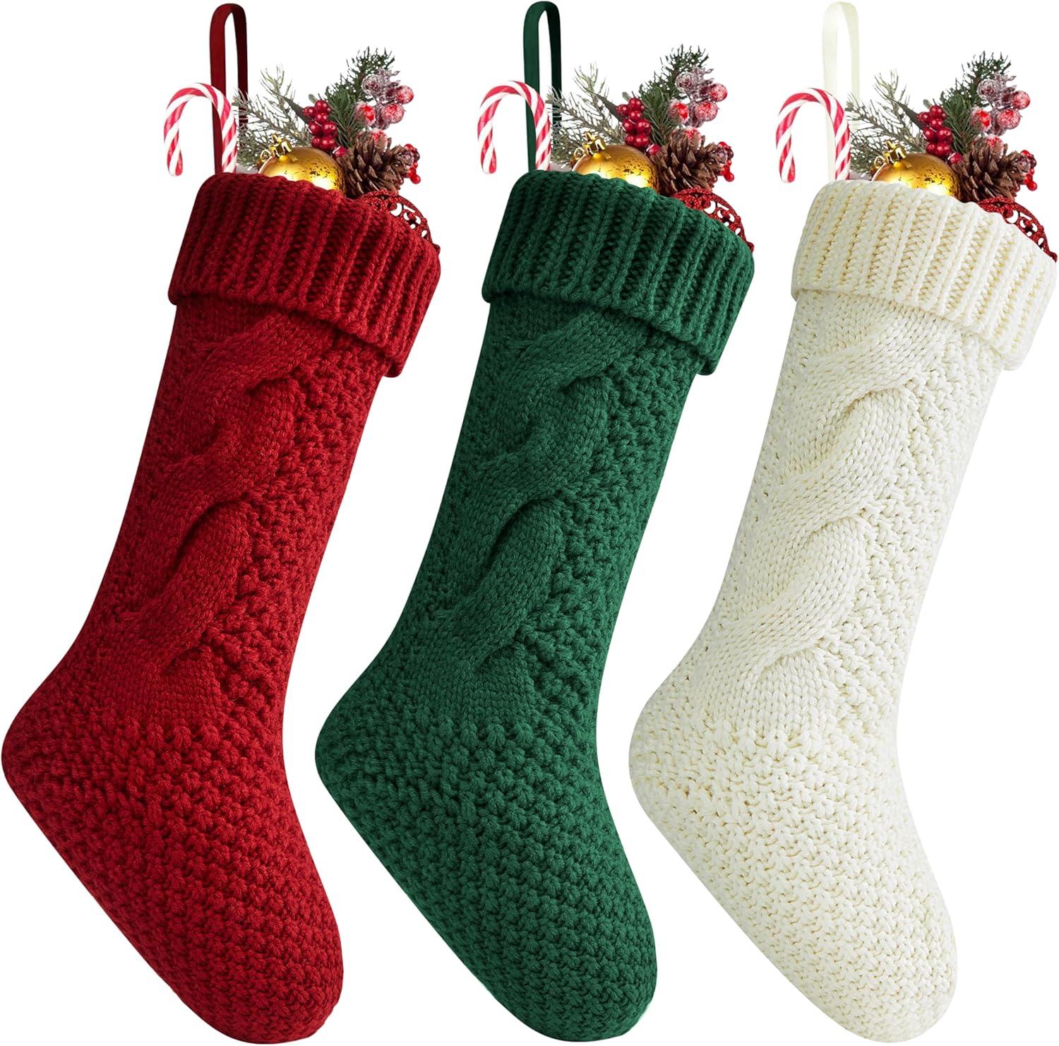 Stockings & Holders - Fesciory Christmas Stockings 3 Pack, 18 Inches Large Size Twist Knitted Stockings Gifts for Xmas Family Holiday Party Decorations, Burgundy&Ivory White&Green