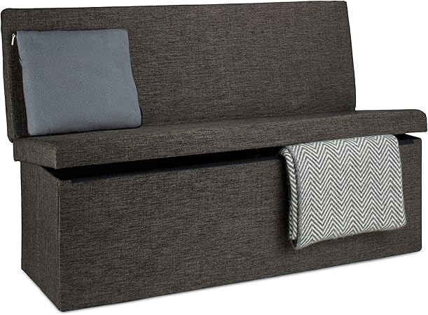 Relaxdays Tabouret De Rangement Pliant En Lin Avec Dossier Appui Dos Coffre Pouf De Stockage Ottoman H X L P 73 X 114 X 38 Cm Repose Pieds Banc De Rangement Avec Couvercle Brun