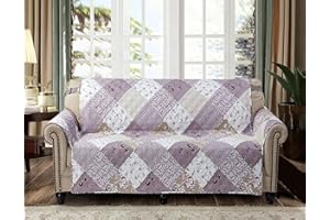 Brilliant Sunshine Lilac and Beige Rose Patchwork Couch Cover, Quilted Oversized Loveseat Slipcover, 54" Seat Width, Slip Resistant Furniture Protector, 2" Strap, Washable, for Pets, Kids, Dogs, Lilac