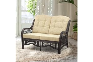 WICKERIX Malibu Lounge Loveseat Sofa Natural Rattan Wicker Handmade Design with Cream Cushions, Dark Brown