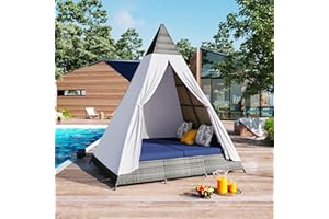IBRACCIENI Outdoor Wicker Sunbed - 90.5"Length Patio Daybed with Adjustable Feet, Curtain, Cushions & Pillows, Tent Shape Rattan Wicker Patio Sunbed for Poolside Garden Backyard Lawn Poolside, Gray&Blue