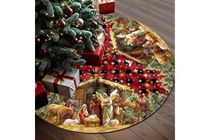 HEIFAM Nativity Christmas Tree Skirt 36 Inch, Christmas Skirt Tree Decoration with Buffalo Plaid Nativity, Christmas Trees Mat for Under Trees Holiday Party Indoor Decorations, Winter Gift for Women