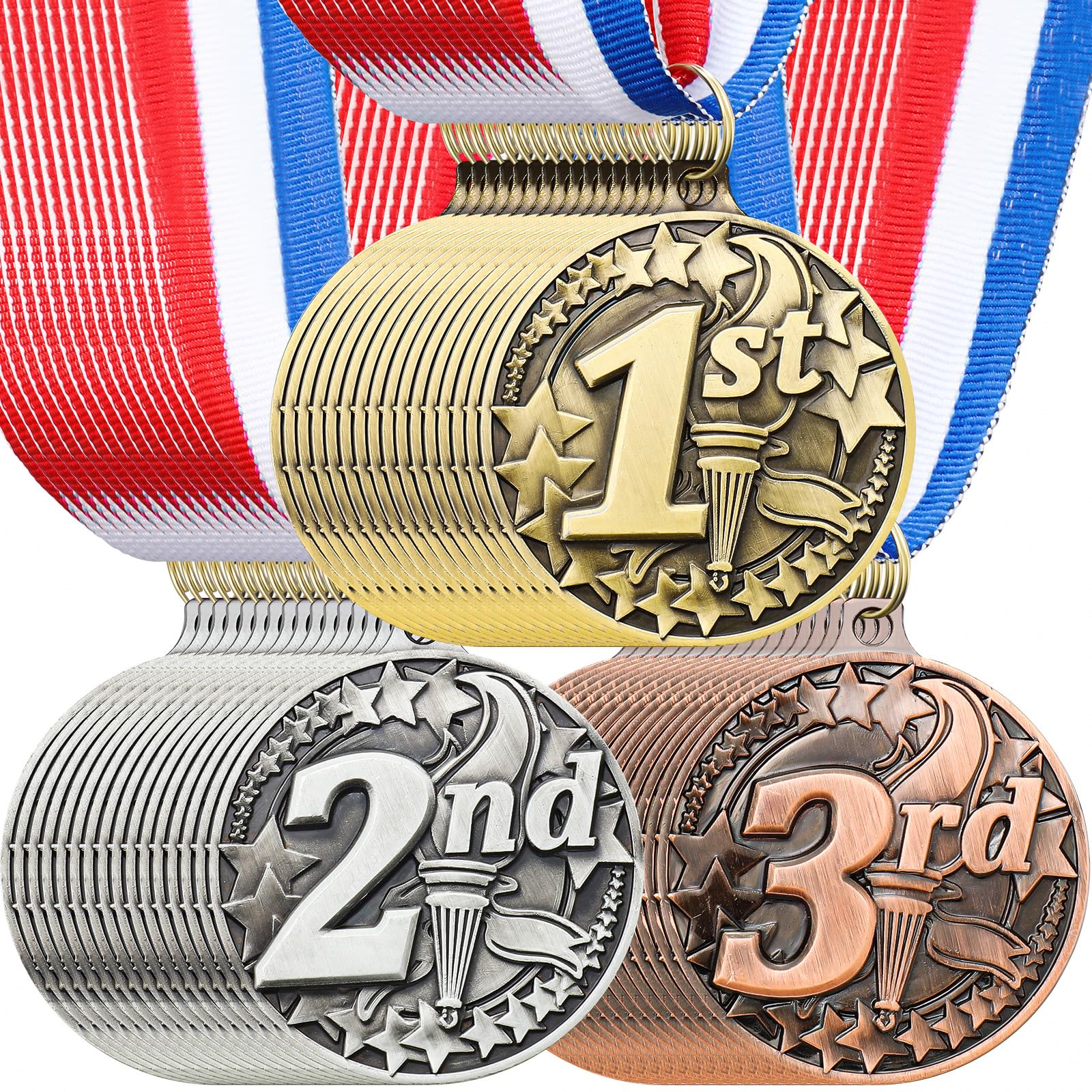 Photo 1 of RoundFunny 24 Pcs Award Medals 1st 2nd 3rd Place Medals for Awards Winner Medal Gold Silver Bronze Medal with Neck Ribbon Trophy Award for Sports Competitions Party 2 Inches (Torch Style)