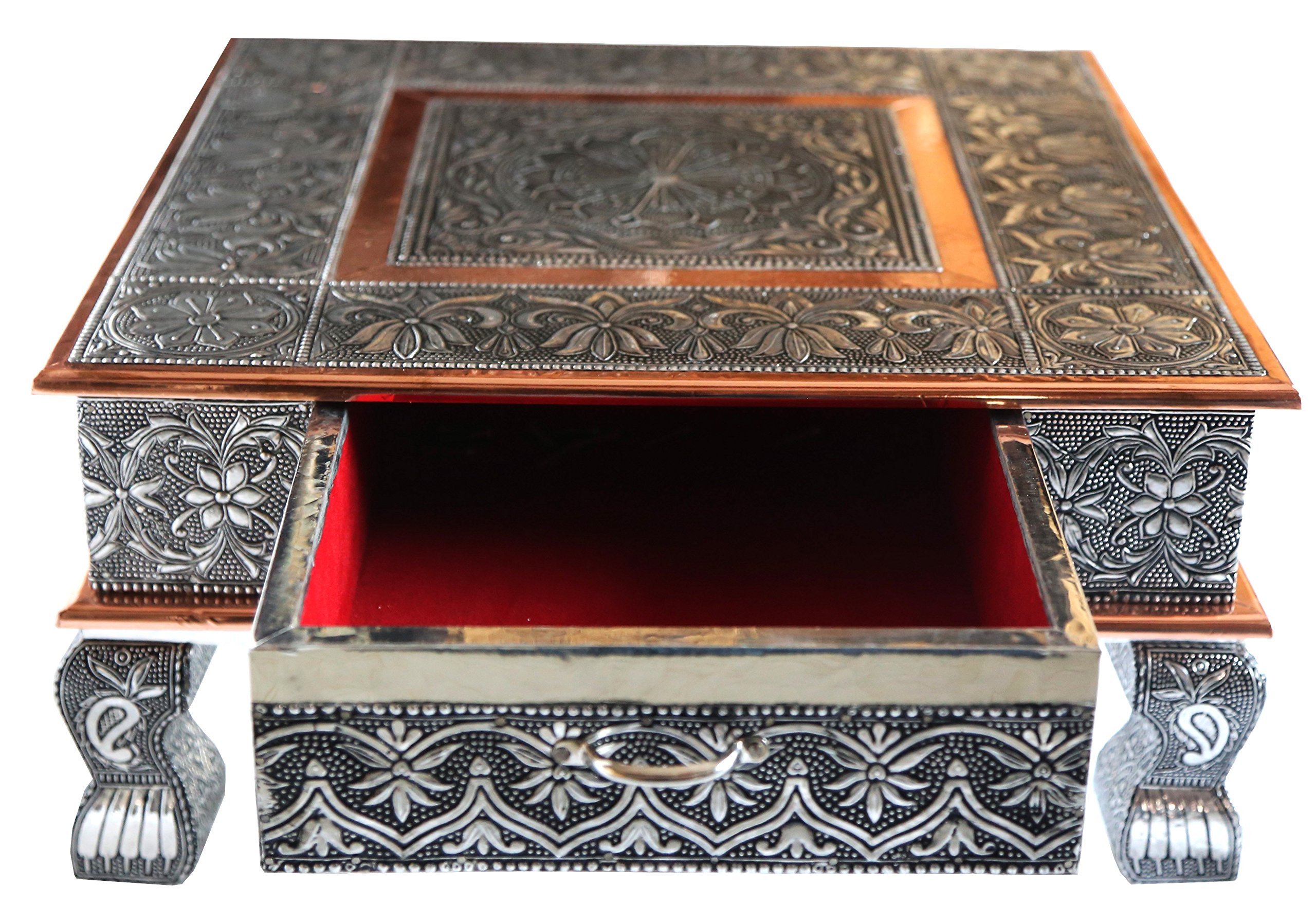 eRadius 15"x15" Oxidised Copper Bajot Low Table Bajath chowkie Coffee Wedding Puja Camping Table with Drawer Storage