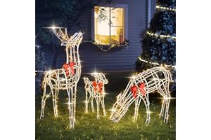FLYVOLE 2024 Upgraded Large Christmas Decorations Outdoor Yard, Set of 3 Light Up Reindeer Christmas Decoration, Xmas Decorations Clearance Outdoor Indoor Decorations (White)