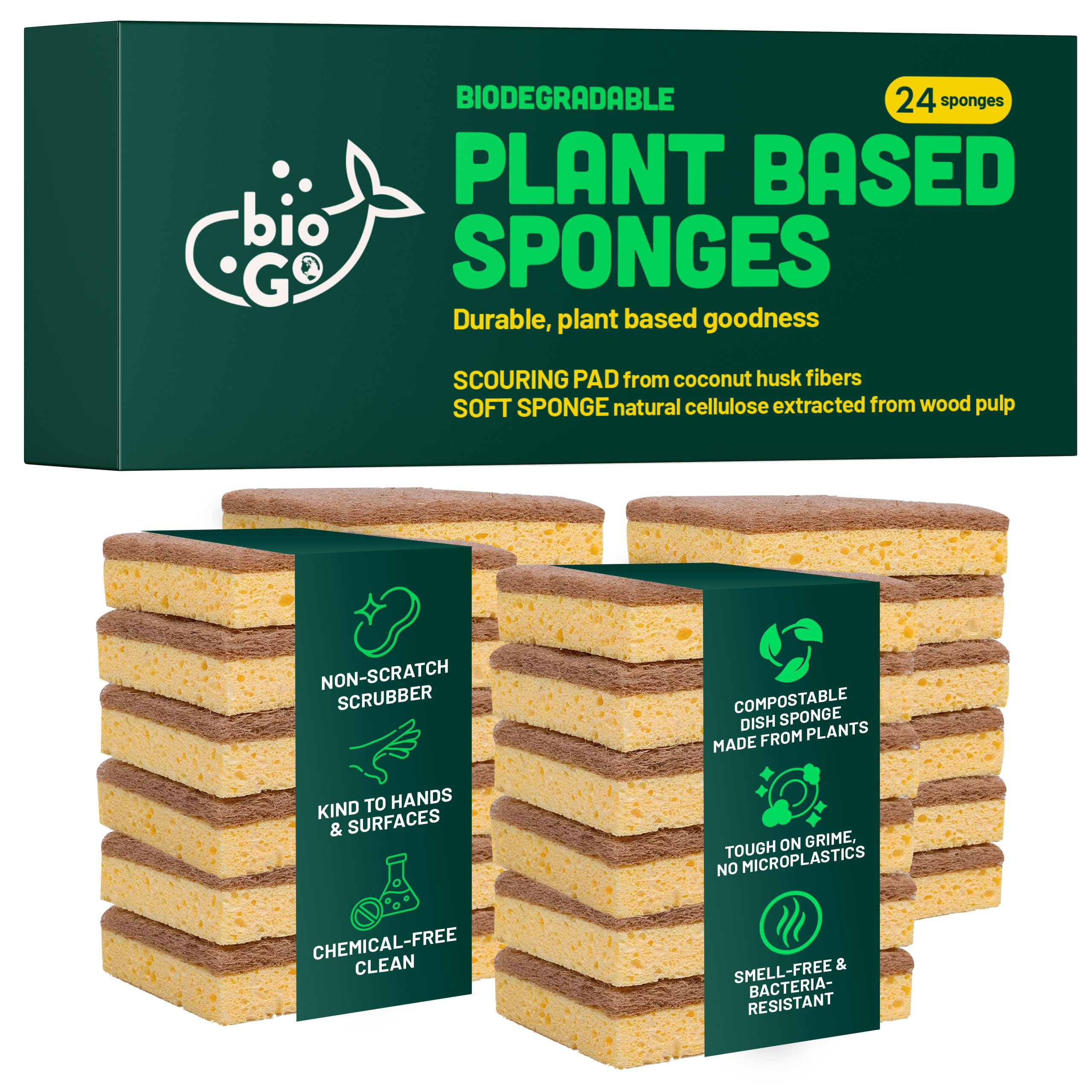 bioGo 24 Pack Biodegradable Kitchen Sponges - Eco-Friendly, Compostable, Natural Cellulose Dish Sponge - Washing Up - Biodegradable Kitchen