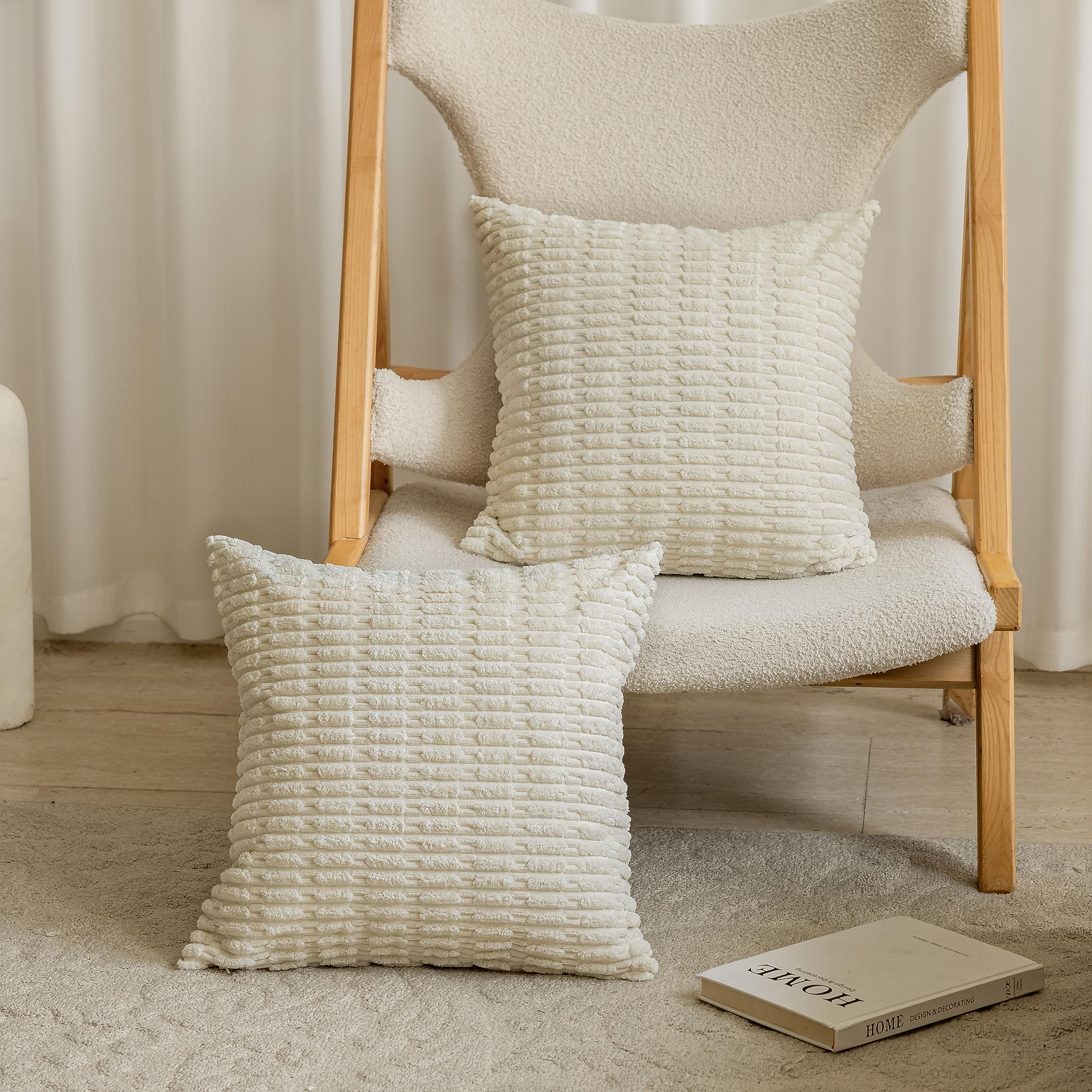 Home Brilliant Decorative Cream Cushions Cover for Bedroom Living Room, Plain Design Beige Cushion Covers, Soft Corduroy Large Cushions 60cm x 60cm, Set of 2, Cream