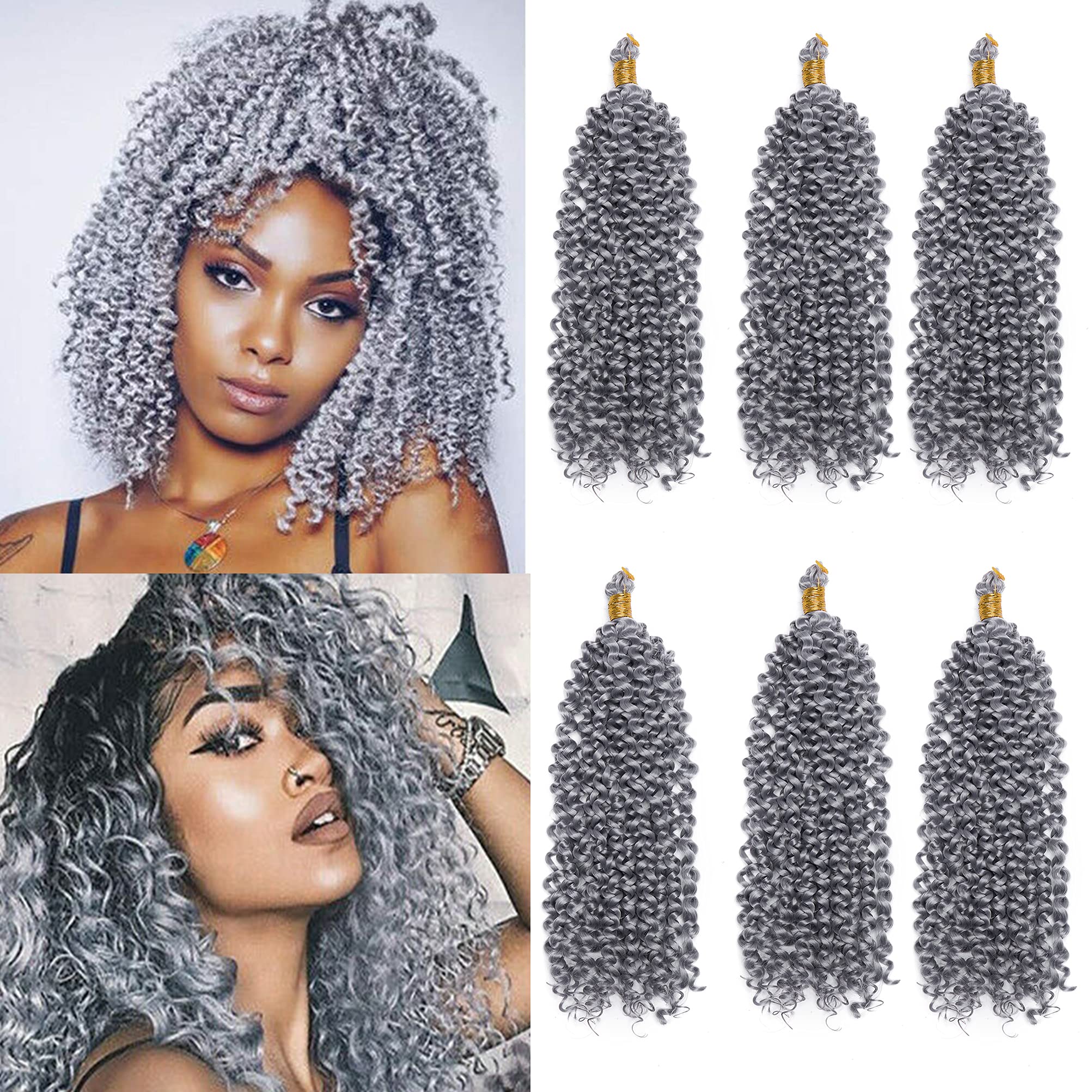 Marlybob Crochet Braids Hair Extension 14 Inch Deep Water Wave Braiding Hair Kinky Curly Afro Jerry Curl Marley Bob Twist Braid Hairpiece Synthetic Hair Extension 3 Bundles Grey