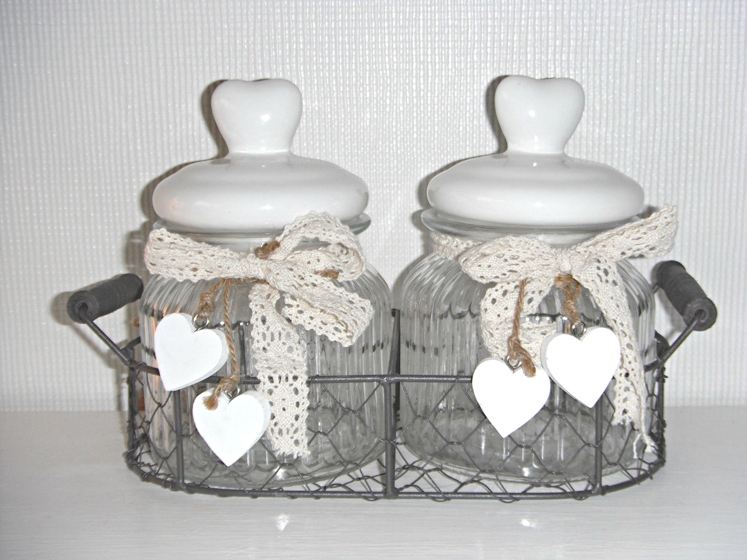Vintage Rustic Wire Basket With Clear Glass Jar and Heart Lid Shabby Chic (Double)