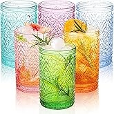 Fasmov 6 Pack 12 oz Drinking Glasses Set, Multicolor Water Glasses Tumblers, Vintage Glassware Drinking Glasses, Heavy Duty V