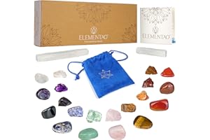 Elementao Chakra Crystals and Healing Stones – 22 Polished and Raw Gemstones and Storage Bag, 2 Selenite Wands, Natural Crystal Set for Meditation, Balanced Stones for Reiki