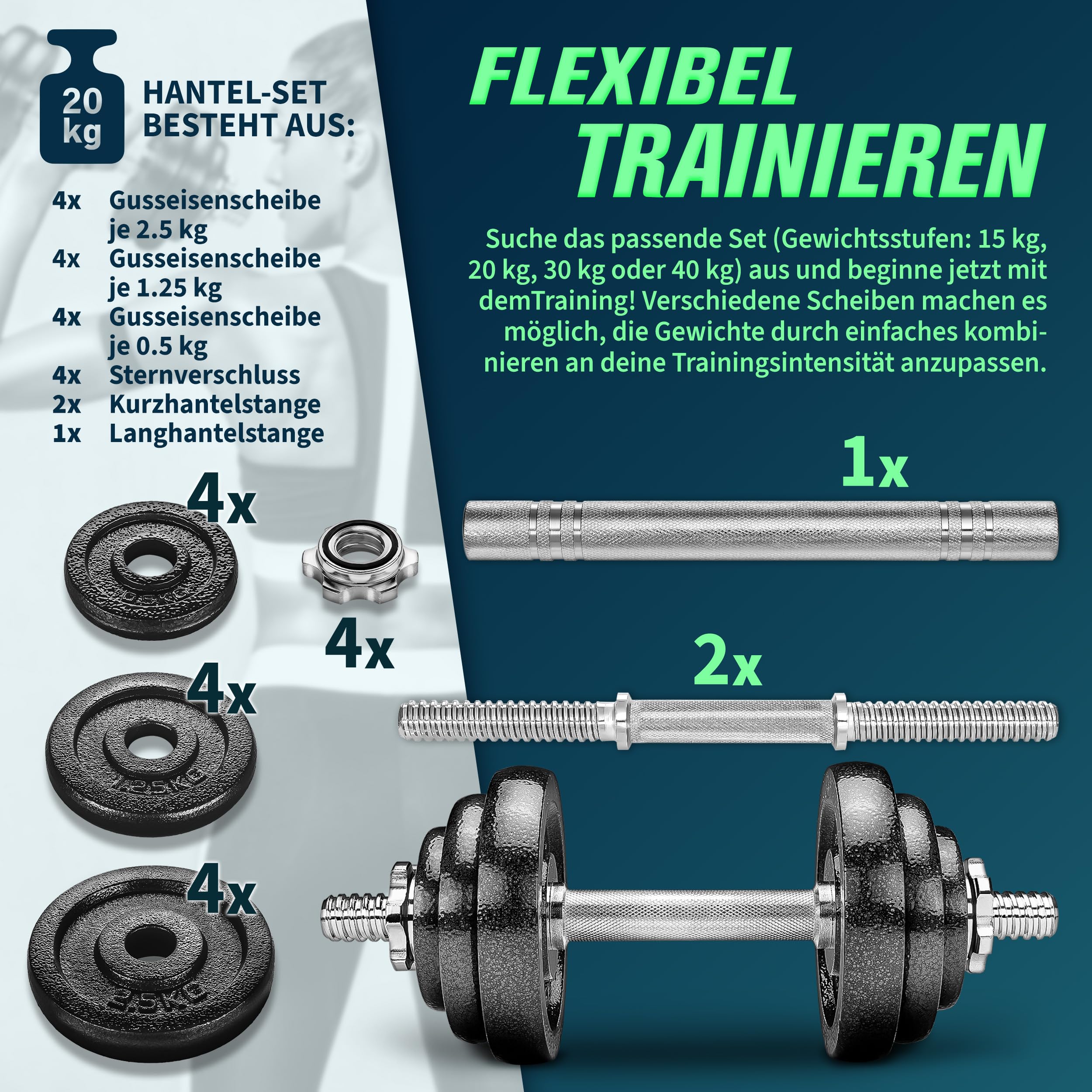 RE:SPORT 2 in 1 Hanteln Set 30kg | Hantelset Gusseisen verstellbar | Kurzhantel & Langhantel | Sternverschlüsse & Verbindungsrohr 5
