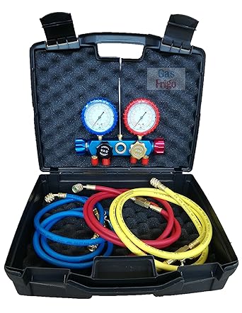 Manómetro Set 4 vías R410A R32 + estuche + 3 látigos con grifo
