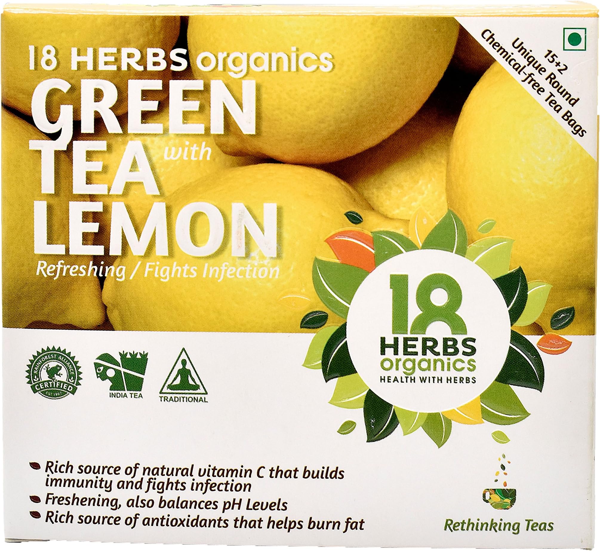 18 Herbs Organics - Green Tea with Lemon - Natural Lemon Peels - Chemical Free Tea Bags (15+2 Tea Bags) - 23 Grams