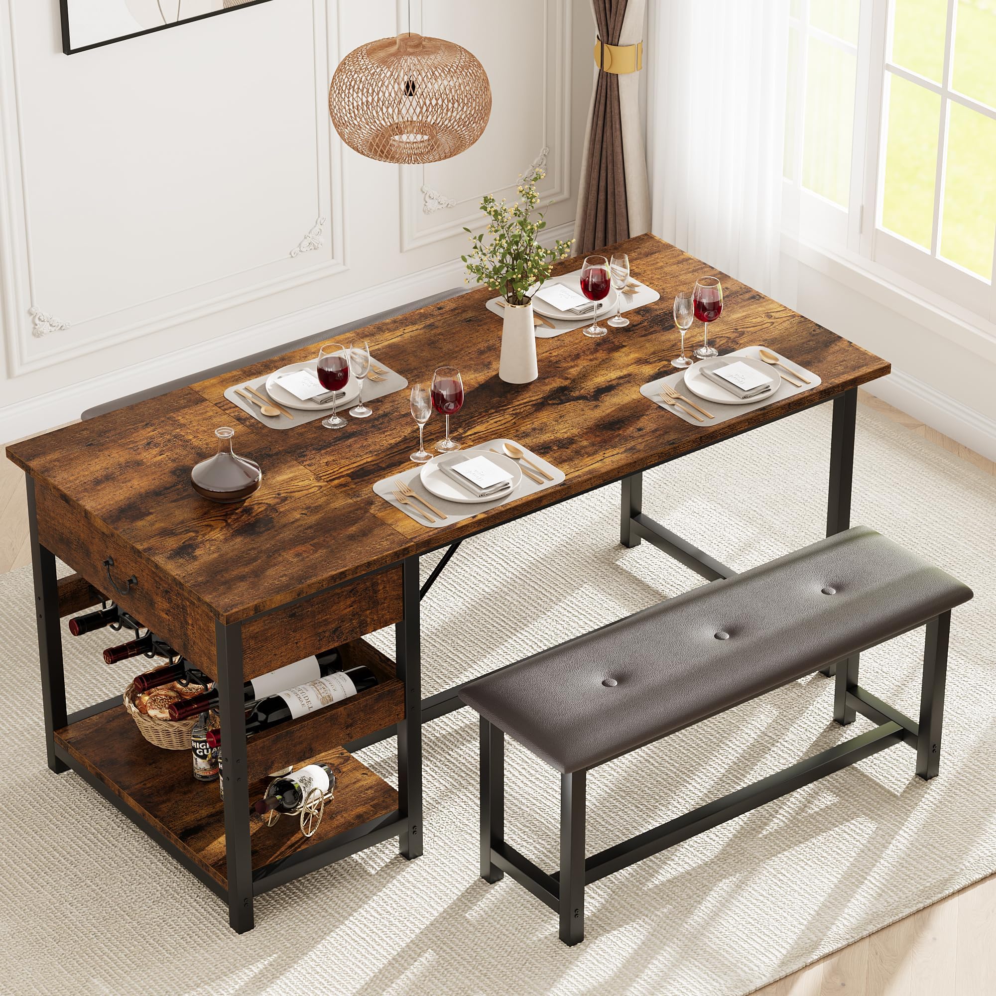Photo 1 of ***MISSING PARTS***
GarveeHome Dining Table Set for 4, Kitchen Dining Table Set with Upholstered Benches, Kitchen Dining Room Table with Storage Drawers & Wine Rack for Small Space, Retro Brown