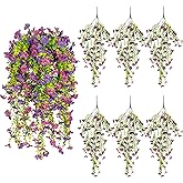 Artificial Fake Hanging Flowers Plants for Outdoors Spring Summer Decoration,6 PCS Realistic Faux Flowers Plants Silk UV Resistant for Outside Planter Garden Porch Patio Balcony Front(Double Purple)