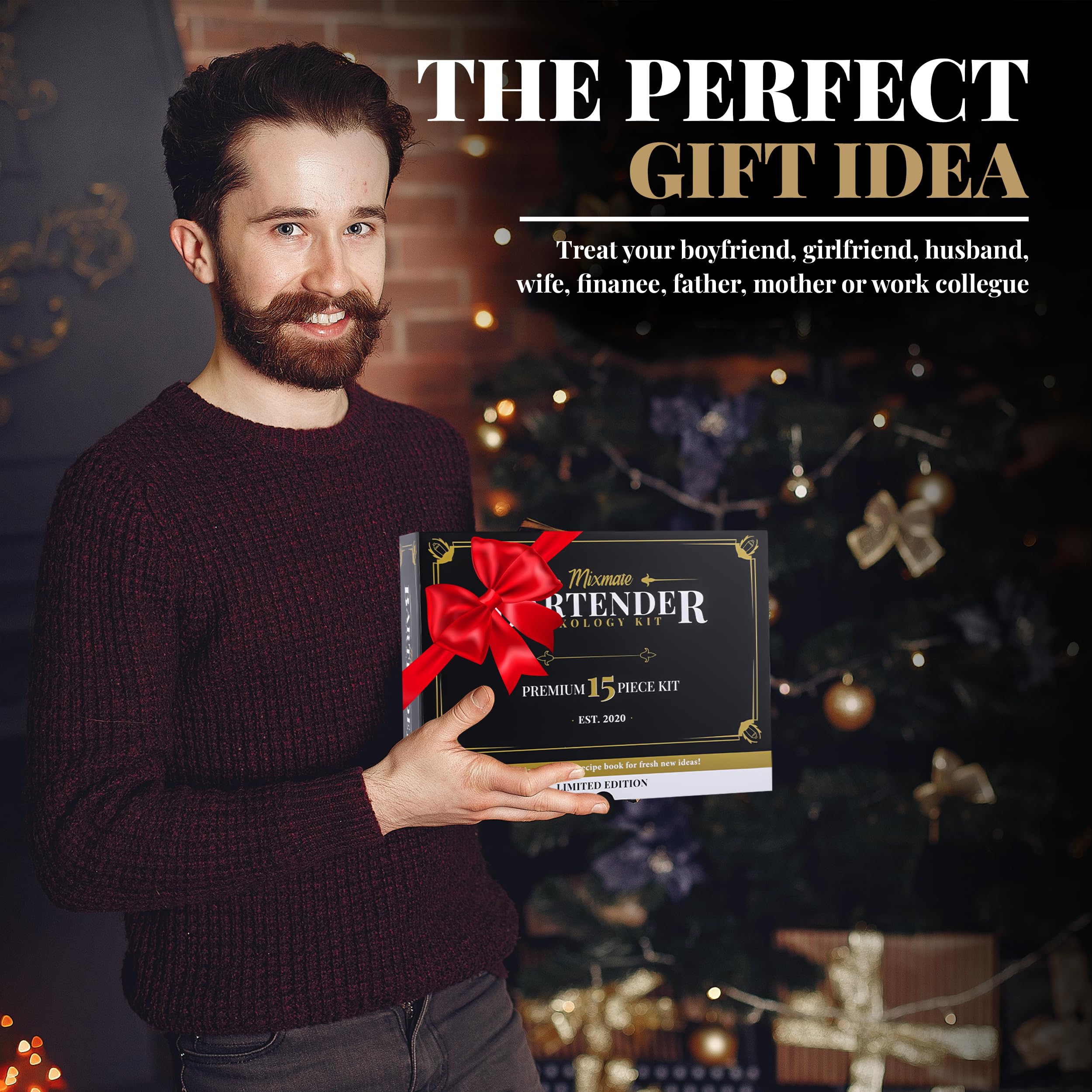 Mixology Bartender Kit with Stand - 15 Piece Bar Tool Set, Silver Bar Set Cocktail Shaker Set for Drink Mixing - includes Martini Shaker, Jigger, Strainer, Bar Mixer Spoon, Tongs, Opener | Gift Idea - Image 7