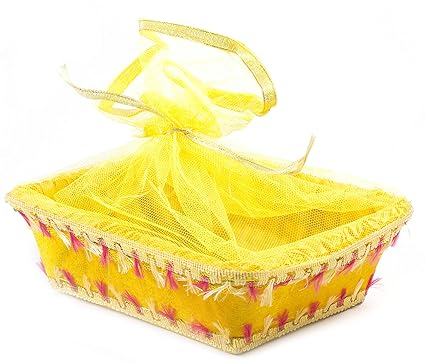 LINE N CURVES Yellow Net Velvet Decorative Royal Basket Potli Gift Hamper, Sweet Gifting, Baby Shower, Organizer, Wedding Gift Pack Pongal Gift Hamper (Pack of 2 Baskets)