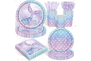 XUELIREN 120PCS Mermaid Themed Party Supplies for Girls Baby Shower Under the Sea Mermaid Birthday Party Decorations Ocean Party Tableware Plates Cups Napkins Knives Forks for 20 Guests