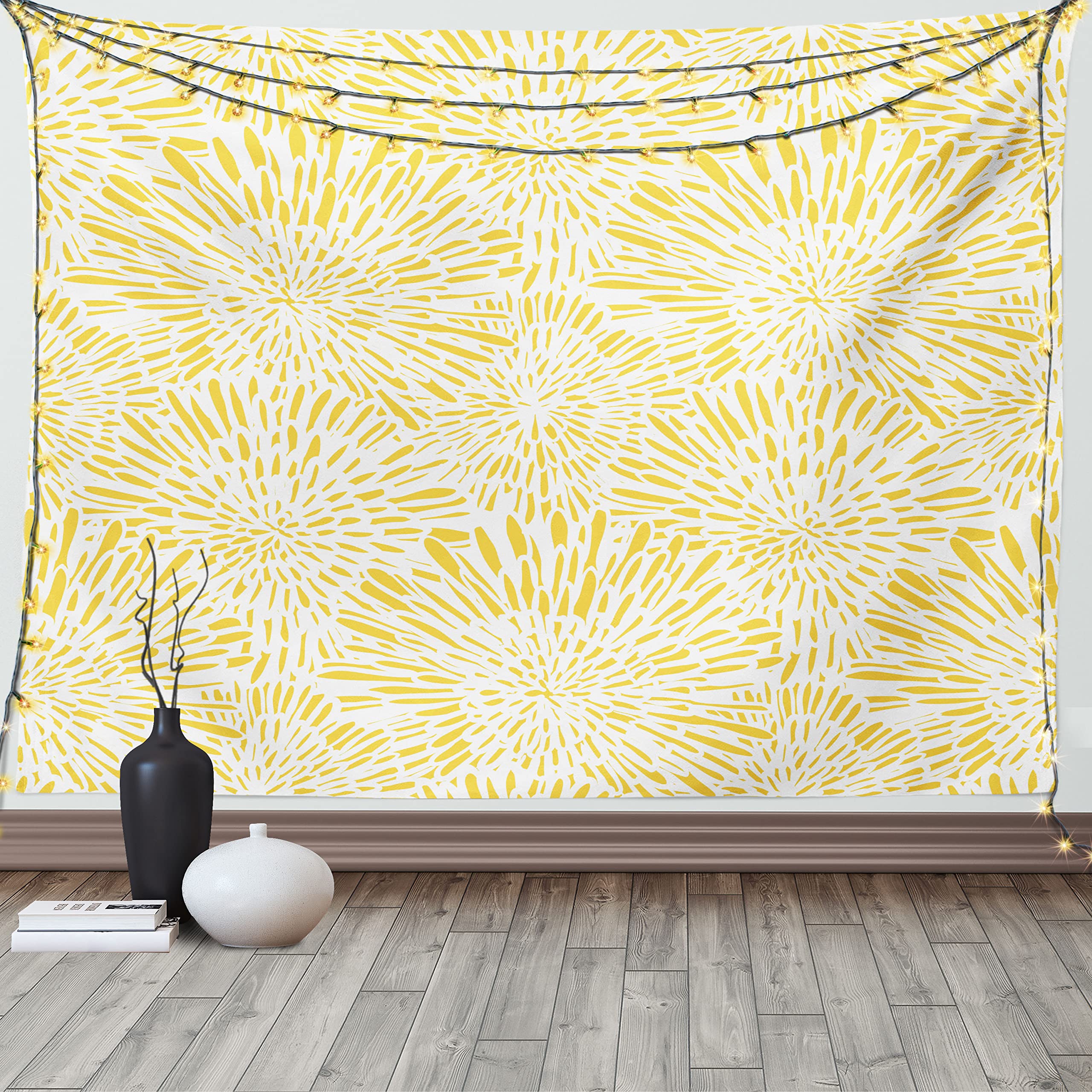 ABAKUHAUS Yellow Tapestry, Hand Drawn Vintage Floral Pattern with Dandelions Asters Abstract Blossoms Nature, Fabric Wall Hanging Decor for Bedroom Living Room Dorm, 90 W X 54 L, Yellow White