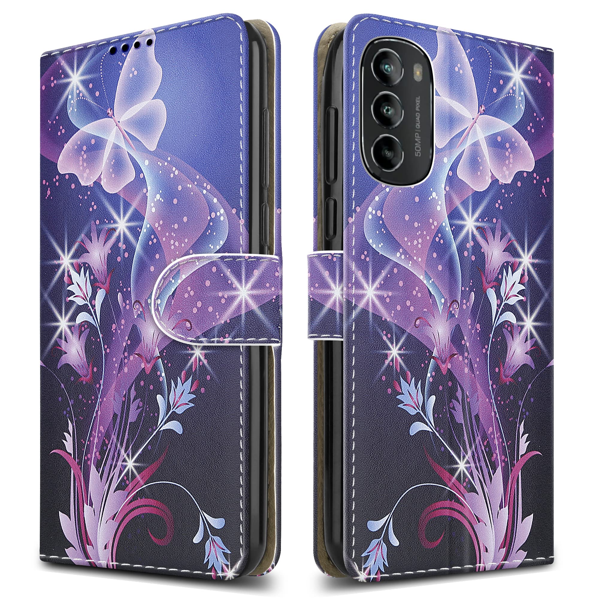 PIXFAB For Motorola G82 5G Leather Phone Case, Magnetic Closure Full Protection Book Folio Design, Wallet Case Cover [Card Slots] and [Kickstand] For Motorola Moto G82 (5G) - Butterfly