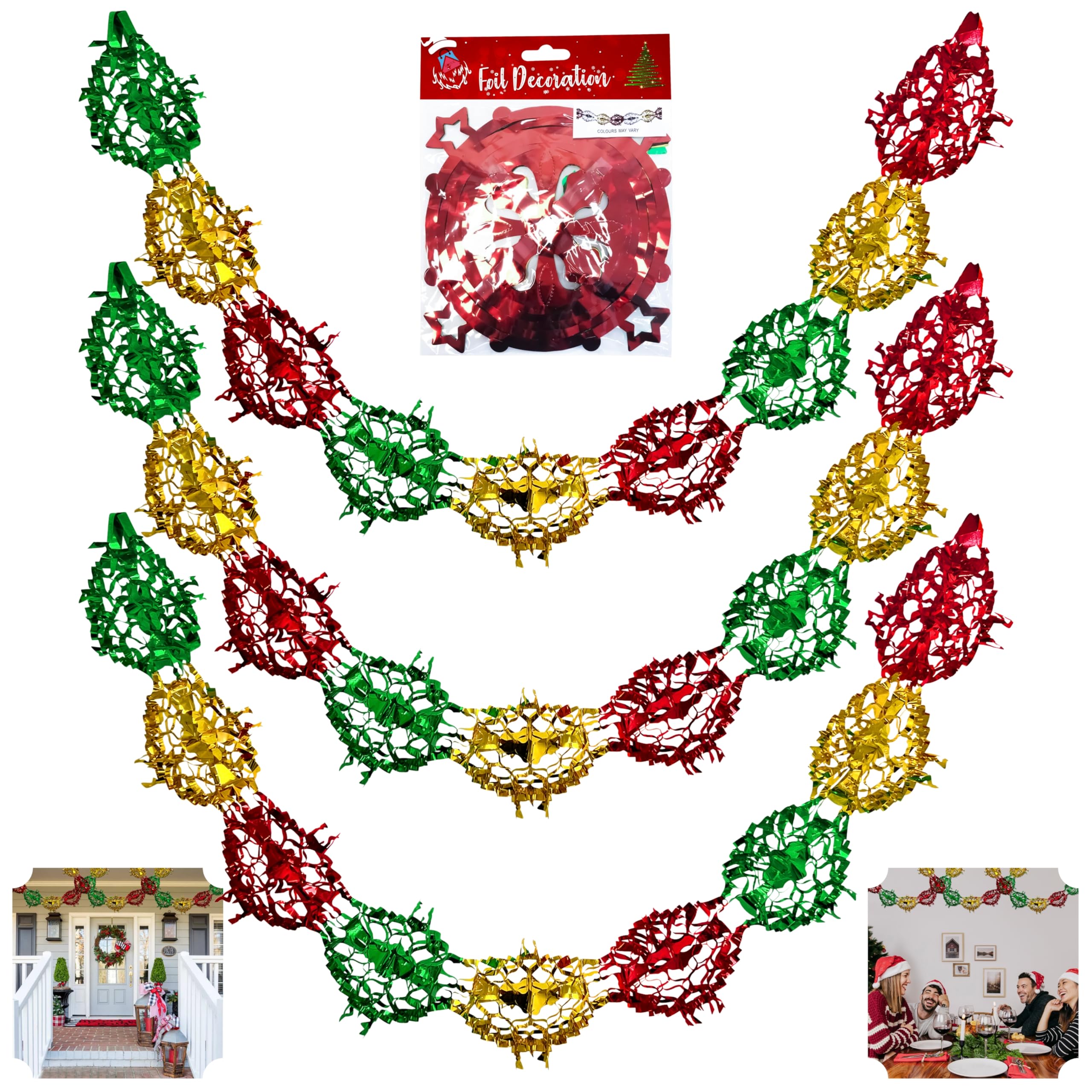 3Pcs Christmas Ceiling Decorations - 6M Festive Foil Star Garland in Red, Gold, and Green | Streamers Wall Hangings for Indoor New Year & Xmas Decor
