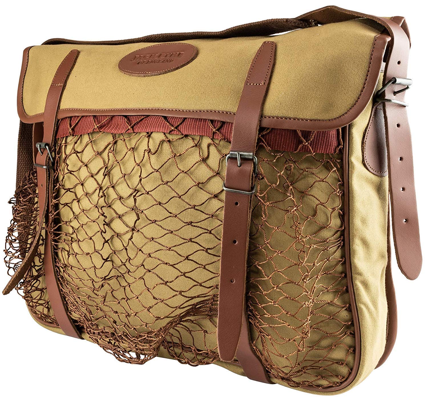 JACK PYKE Heavy Cotton Canvas Game Bag – Hunting Shoulder Bag with Leather Straps, Buckle Fastening, Washable Lining & Net Front Pouch – Durable Shooting & Game Carry Bag for Outdoor Use - Fawn