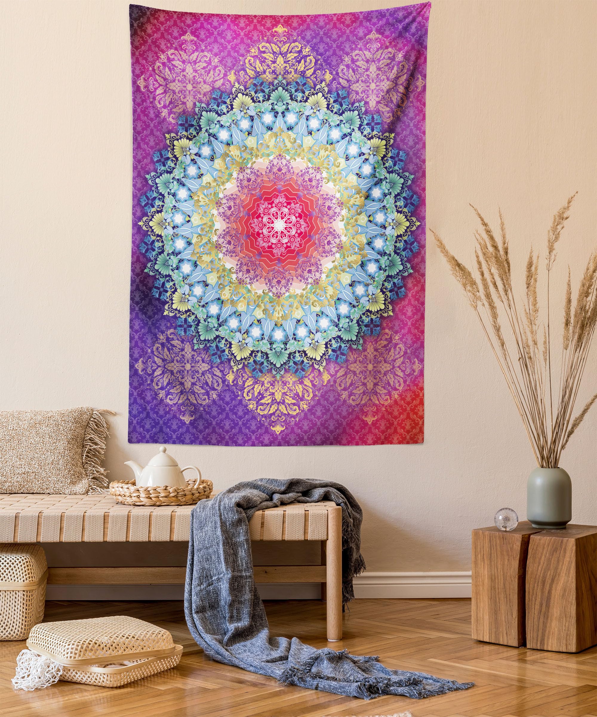 ABAKUHAUS Mandala Tapestry, Arrangement with Geometric Zigzag Shape and Blossoming Flowers Bohemian Oriental, Fabric Wall Hanging Decor for Bedroom Living Room Dorm, 43 W X 58 L, Pink Blue