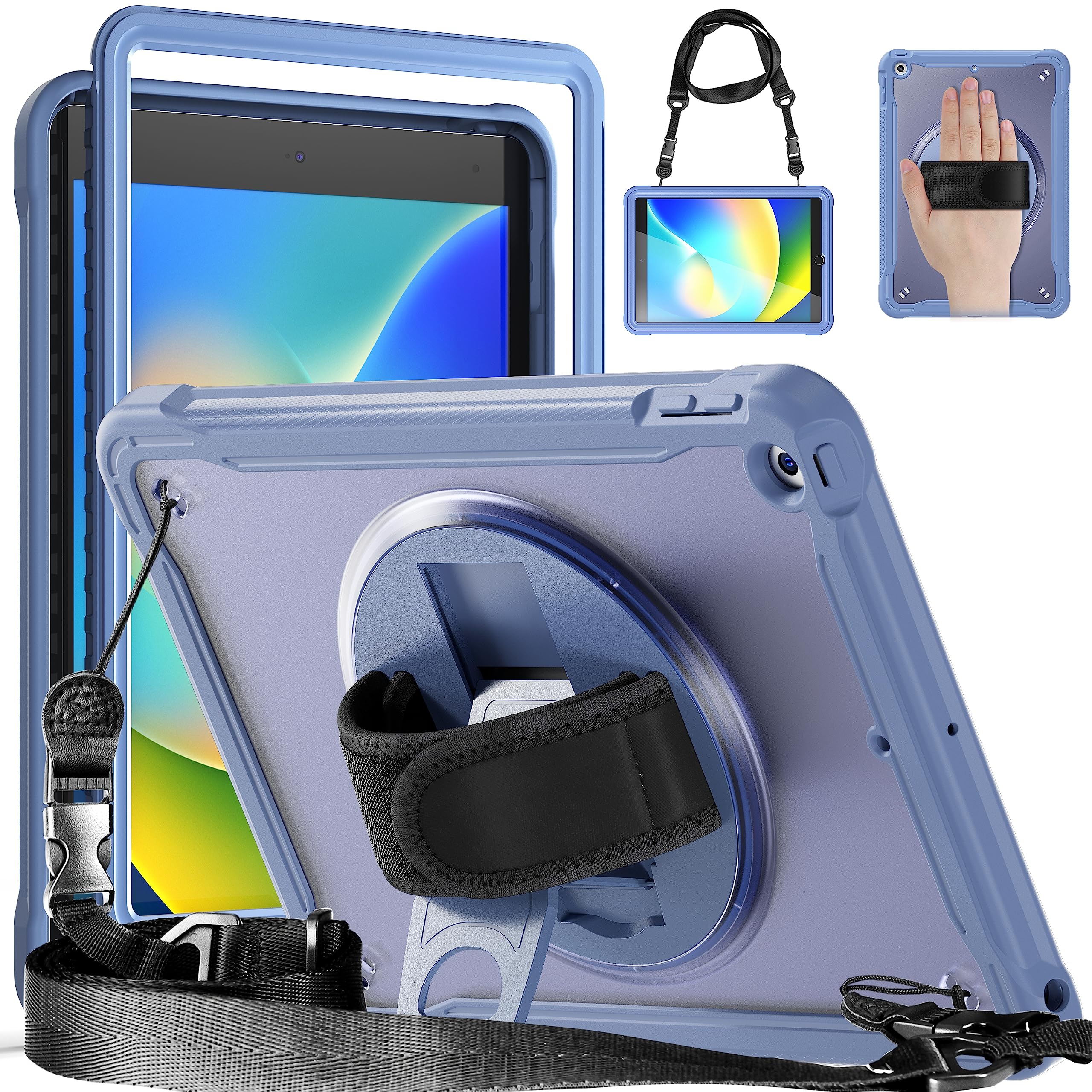 UFinetech iPad 10.2 Case for 9th/8th/7th Gen, 2021/2020/2019 Model - Rugged Heavy-Duty Cover iPad 9th Generation with 360° Rotating Stand, Pencil Holder, Shoulder Strap, Slim Shockproof, Gray