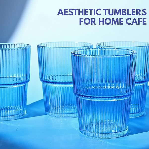 ELEMENT LABS RIBBED DRINKING GLASSES SET OF 4 – STACKABLE GLASS CUPS FOR KITCHEN – ICED COFFEE, WATER, JUICE & MOCKTAILS – AESTHETIC WATER TUMBLERS ELEGANT HOSTESS GIFTS HOME ESSENTIALS (14 FL OZ)