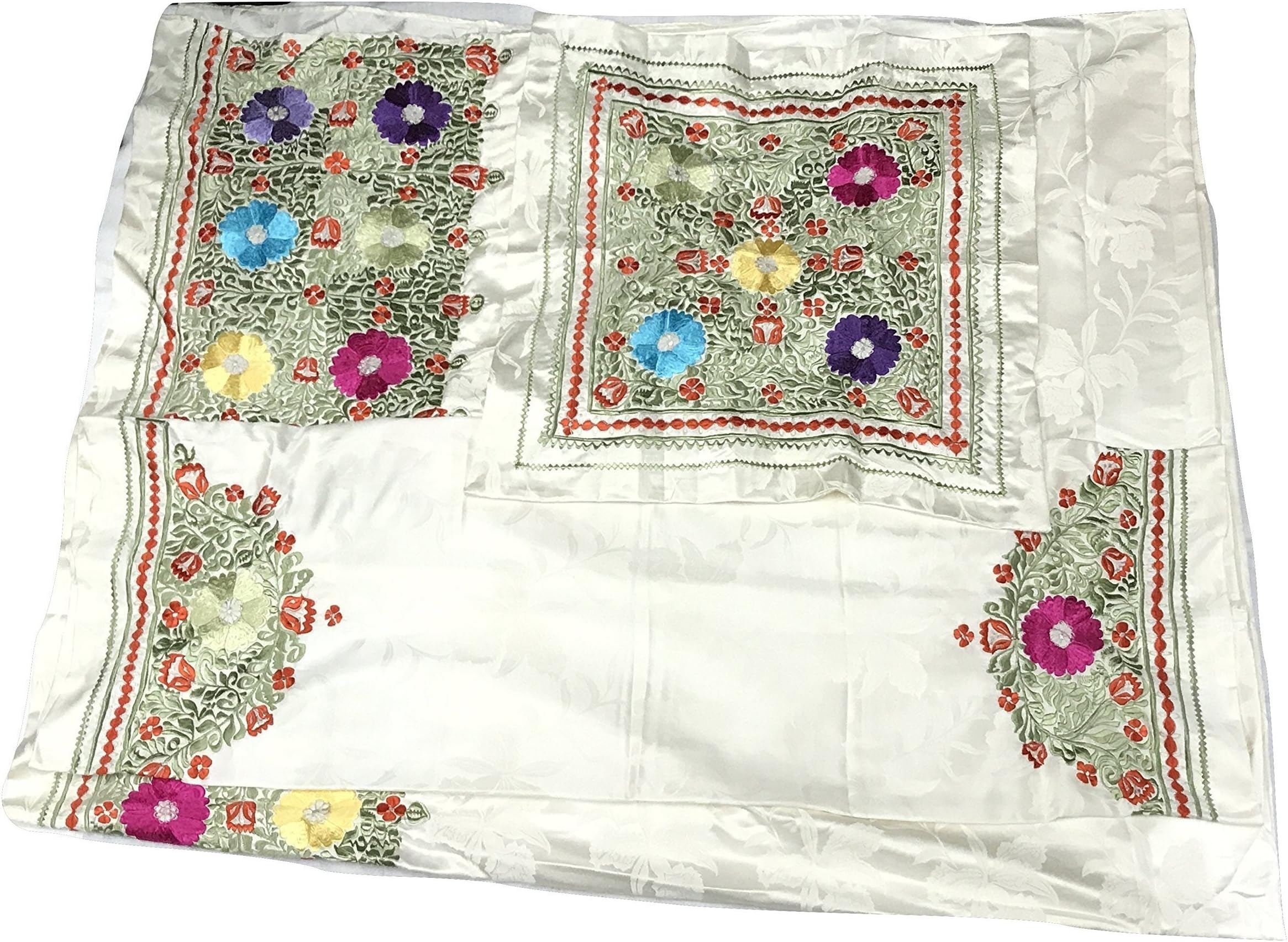 Moroccan Silk Embroidered Queen Size Cotton Bedspread with Matching Pillowcases