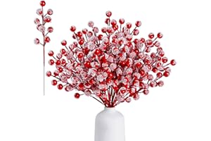 Sggvecsy 30 Pack Snow Frosted Artificial Red Berry Stems 8.9inch Snowy Christmas Red Spray Picks Holly Berry Branches for Christmas Tree Decoration Holiday DIY Crafts Xmas Ornaments Home Decor (Red)