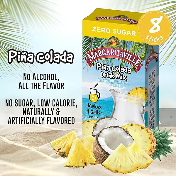 MARGARITAVILLE GALLONS TO GO POWDERED DRINK MIX, 8-COUNT BOX– PINA COLADA – LOW CALORIE AND ZERO SUGAR DRINK MIX, EACH STICK MAKES 1 GALLON-SIZED PITCHER
