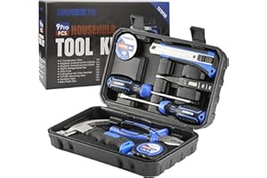 URASISTO Small Household Tool Set, 9-Piece General Homeowner Small Hand Tool Kit with Storage Tool Box, Basic Tool Set for Home, Dorm, New House, Back to School, and as a Gift