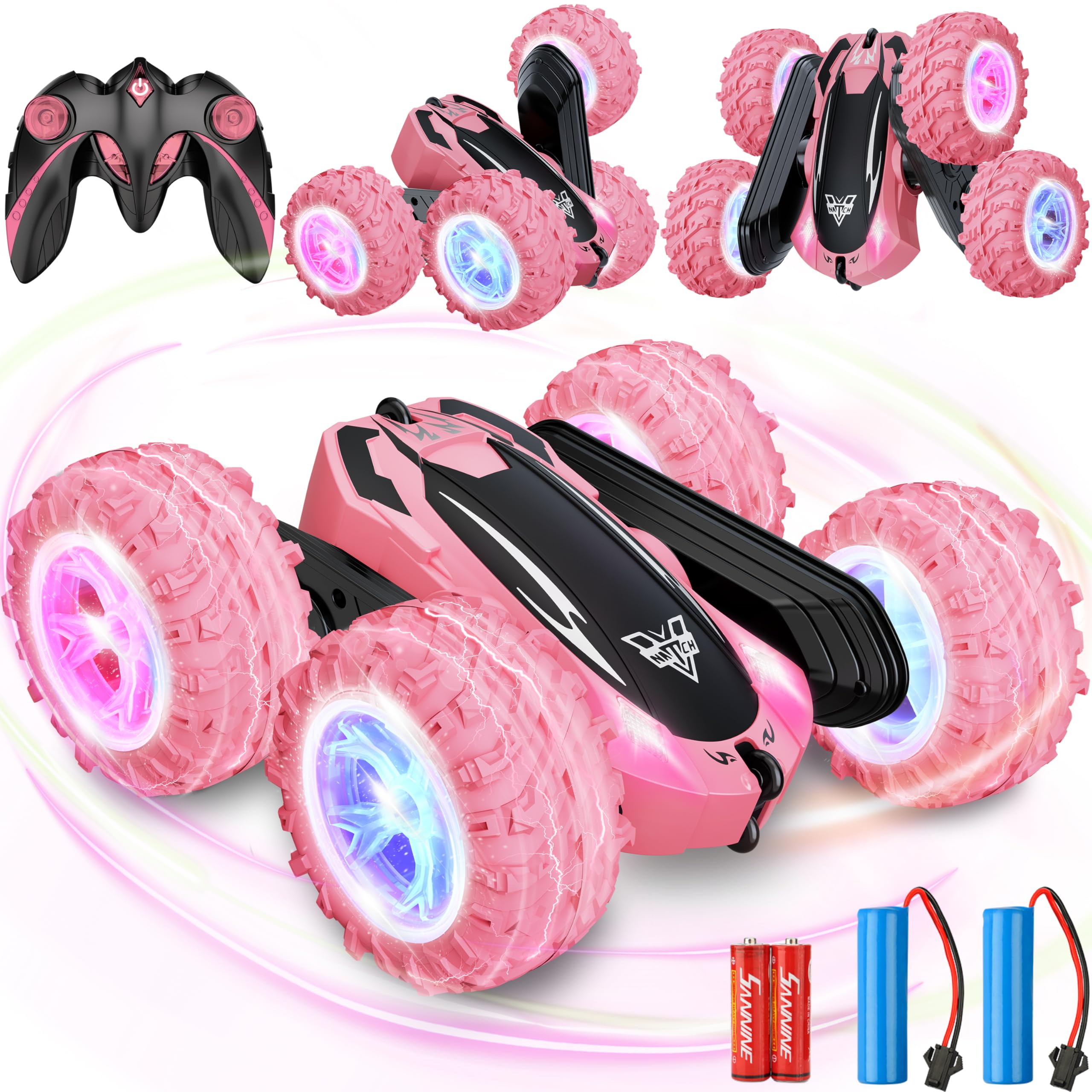 Remote Control Car, 2.4GHz RC Stunt Car, Double Sided 360° Rotating RC Cars with LED Headlight & LED Wheel, High Speed Off Road RC Crawler Xmas Gift for 3 4 5 6 7 8-12 Year Old Girls Toys (Pink)