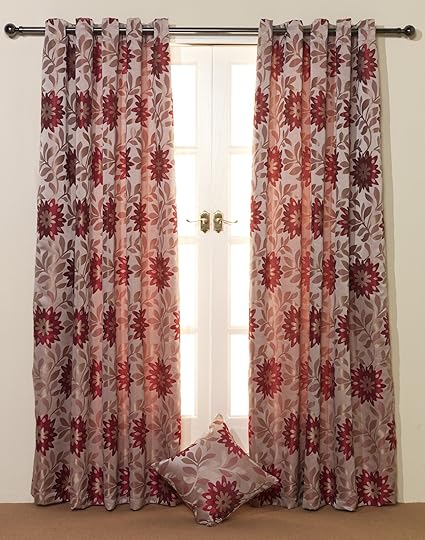Pair Of Red Beige Floral Jacquard Eyelet Lined Curtains 66 Wide