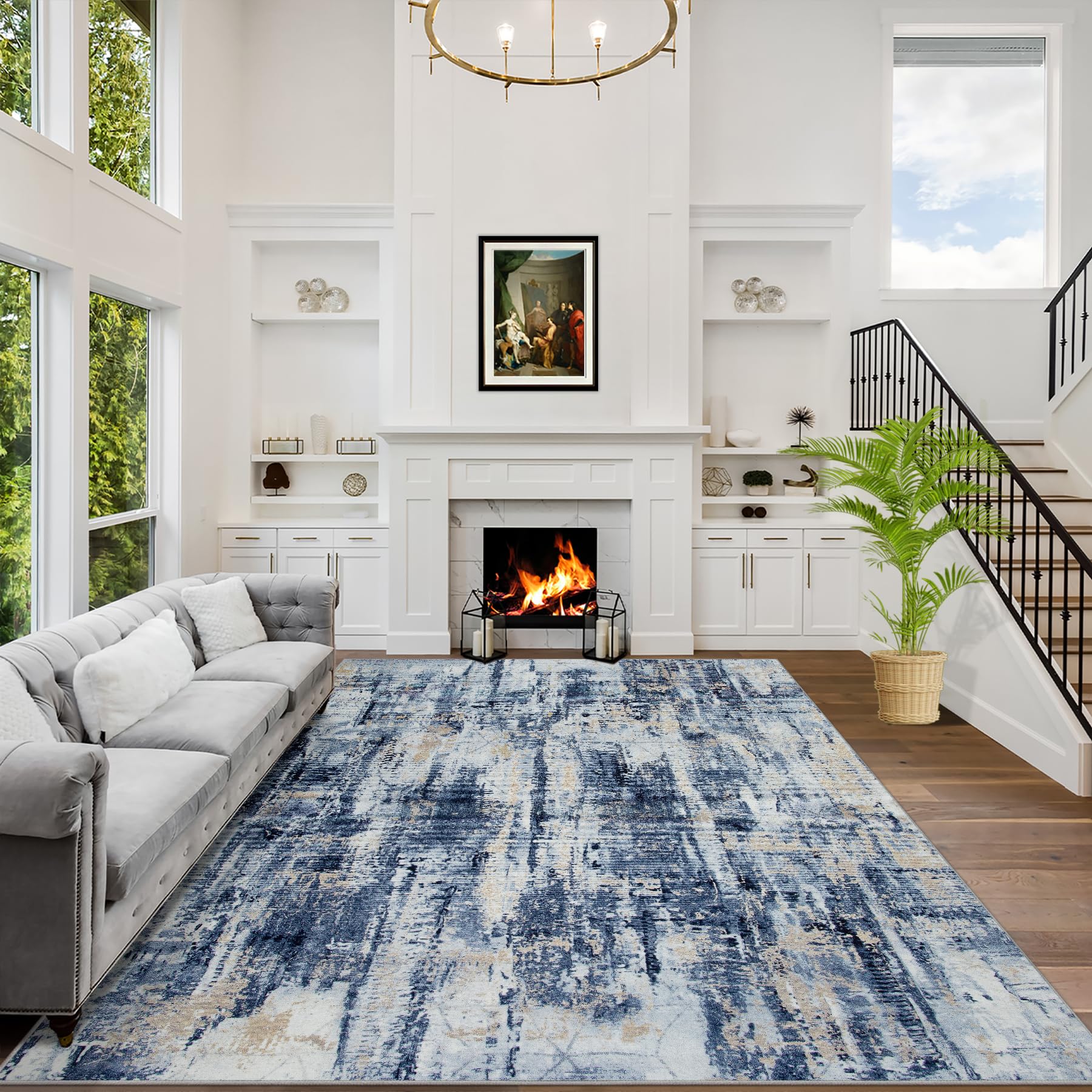 5x7 Area Rugs Washable Rug: Modern Abstract Living Room Rug Soft Anti-Skid Thin Carpet Indoor Floor Non-Shedding Carpets for Bedroom Dining Room Farmhouse Nursery Home Office - Blue Gold Image