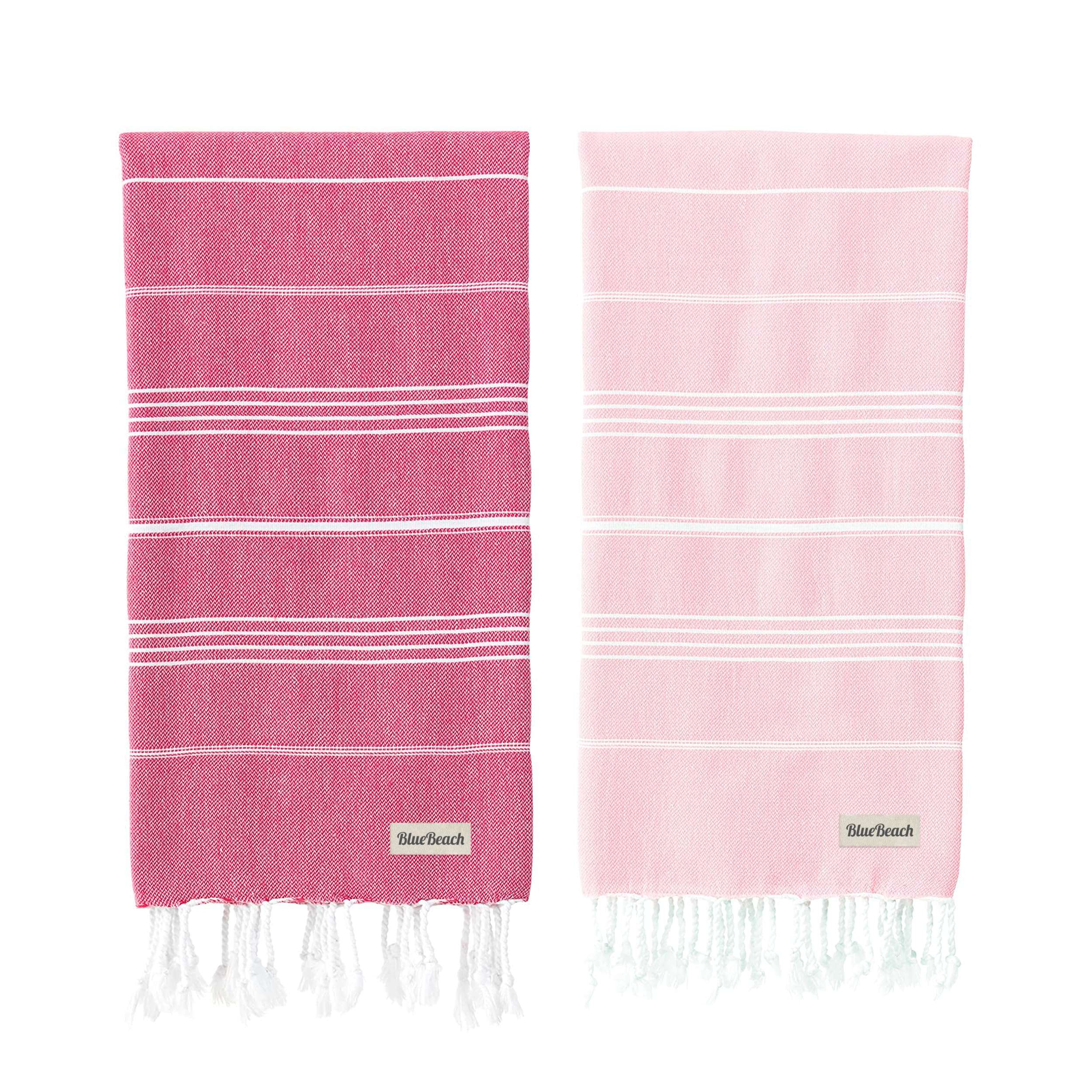 Blue Beach Turkish Towel - Set of 2-100x180cm Large Turkish Hammam Peshtemal Towel - Super Absorbent, Quick Dry, Lightweight, Compact Towels for Swimming, Bath, Gym and Travel (Pink + Fucshia) — image 1